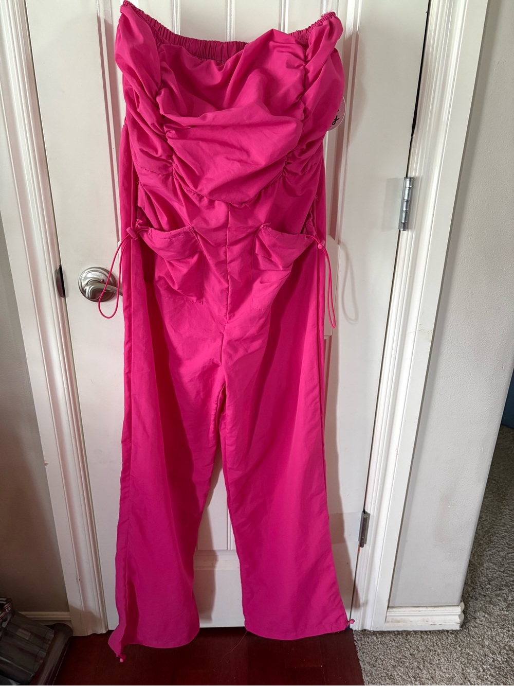 Strapless Ruched Hot Pink Jumpsuit with Side Tie Detail